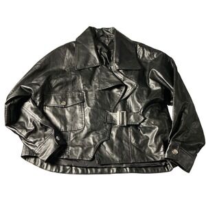 Black Faux Leather Moto Jacket D&M Cropped Belted Retro Streetwear Women's M